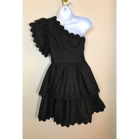 Entro Black One Shoulder Scallop Tiered Mini Dress Romper S Party Fit and Flare - Picture 7 of 13